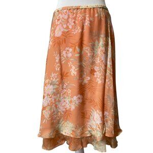 Jones New York 100% Silk Layered Peach Floral Midi Skirt Plus Size 16W